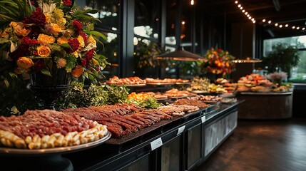 Elegant catering buffet with diverse gourmet dishes, grilled meats, warm lighting and luxurious decor for an upscale dining experience