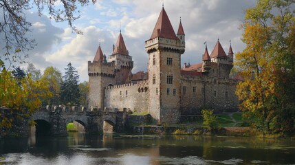 Obraz premium Well-preserved medieval castle with a moat, capturing the essence of history