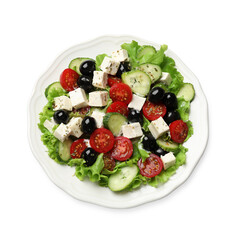 Delicious salad with feta cheese and ingredients isolated on white, top view