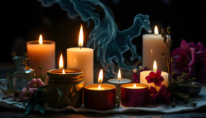 Energy therapy, magic of candles and other attributes, herbs and flowers, Wicca rituals and esoteric concept isolated with white highlights, png