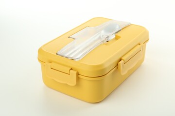 Yellow lunch box with cutlery isolated on white