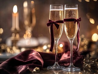 Two champagne flutes tied together with burgundy velvet bows on a warm, candlelit holiday table, creating a romantic and festive setting