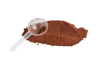 Protein powder and scoop isolated on white
