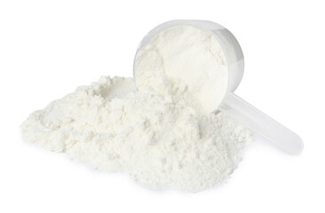 Protein powder and scoop isolated on white
