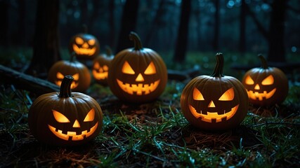 A magical Halloween festival unfolds as carved pumpkin jack-o-lanterns illuminate a shadowy forest, surrounded by whimsical small pumpkins glowing under the starry night sky.