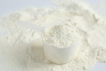 Protein powder and scoop on white background, closeup