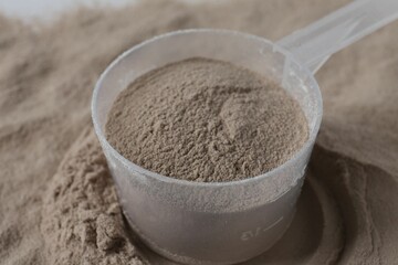 Pile of protein powder and scoop, closeup