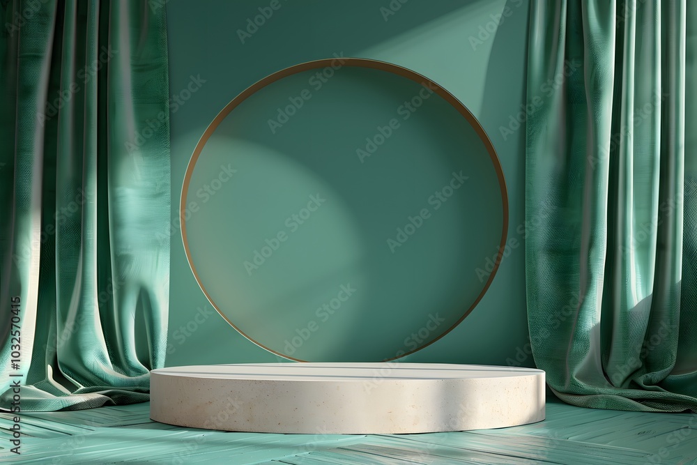 Poster elegant display stage with soft green drapery and circular backdrop