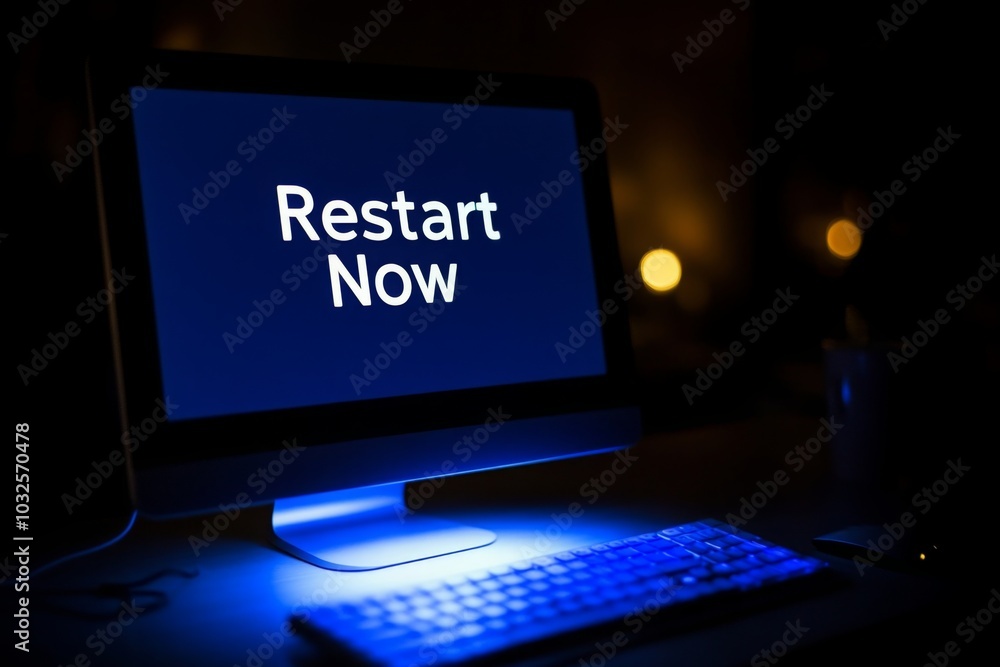 Fototapete Illuminated Computer Screen with Restart Message in Dark Room