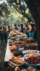 A long table laden with a variety of delicious food is set up in a grove of trees, surrounded by a group of people.