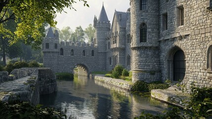 Obraz premium Well-preserved medieval castle with a moat, capturing the essence of history