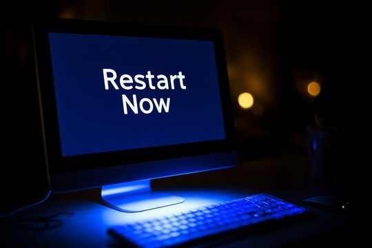 Illuminated Computer Screen with Restart Message in Dark Room