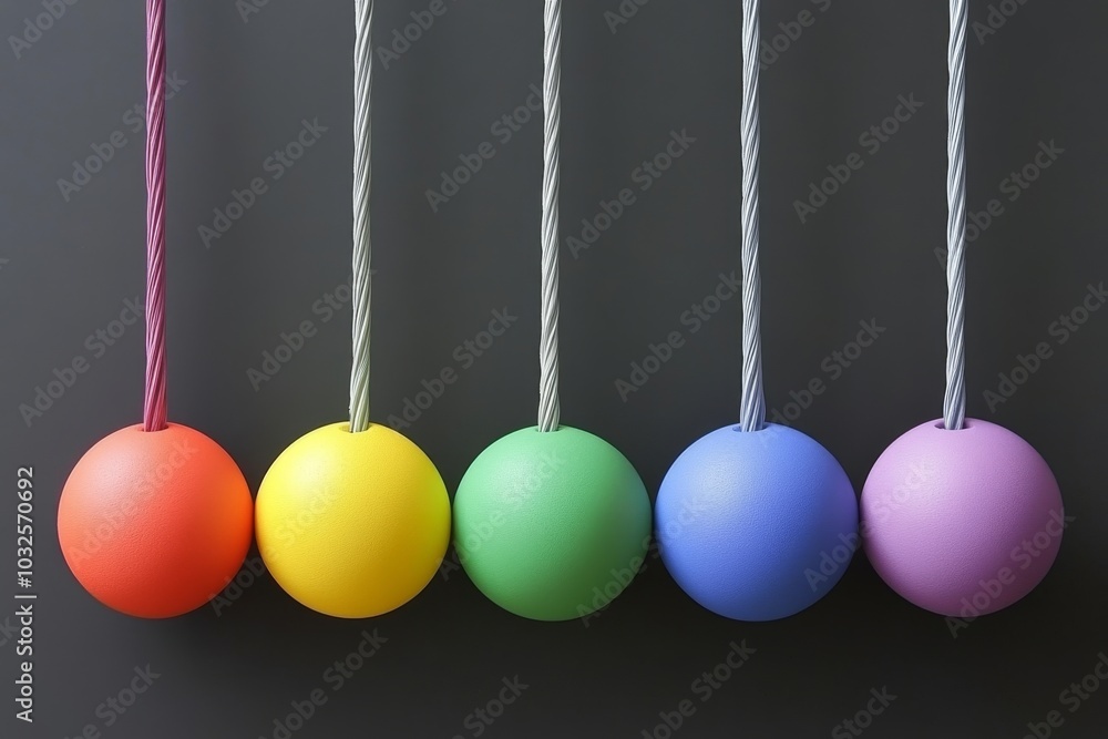 Poster set of colorful balls hanging by strings with hues of orange green blue purple and red symbolizing t