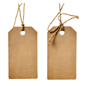 Vintage color style carton paper label tags with linen string cord knot isolated on transparent background, PNG