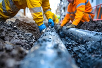 Fototapeta premium Workers Installing Pipes in a Construction Site