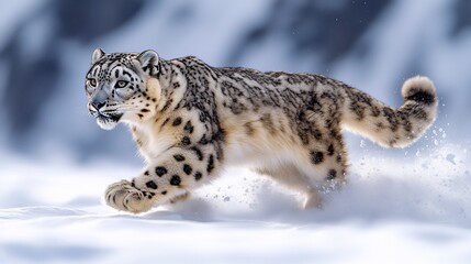 Fototapeta premium A majestic snow leopard runs gracefully through a snowy landscape.