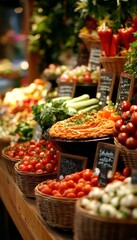 Obraz premium Fresh produce at a local market, with bright red tomatoes, peppers, and other vegetables.