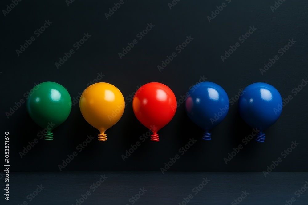 Poster row of glossy balloon like spheres in primary colors each standing upright symbolizing simplicity we