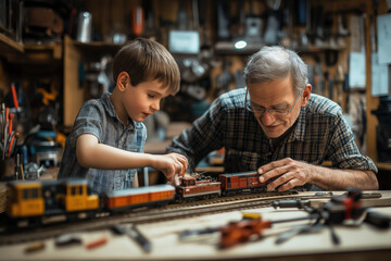 Grandfather and grandson working on a model train set together in a workshop filled with tools.