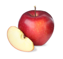 Whole and cut fresh apples isolated on white