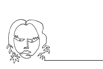 Abstract Woman Face with Flowers. One Line Vector illustration.  Minimalist Simple Linear hand drawn design