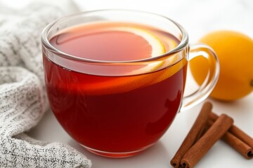 A warm cup of tea with lemon and cinnamon sticks, perfect for a cozy evening.