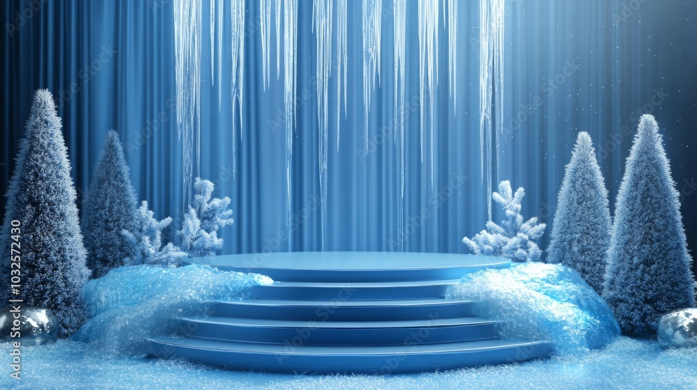 Fototapete the image depicts a snowy scene with a blue platform surrounded by snow-covered trees. the backgroun