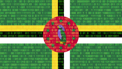 Binary code on flag of Dominica. Program source code or Hacker concept on Dominican flag. Dominica digital technology security, hacking or programming