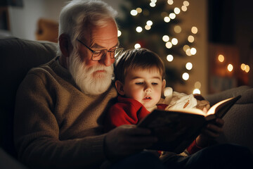 Grandfather reading a bedtime story to his grandson in a cozy living room with warm lighting.