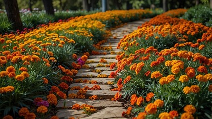 A stunning pathway lined with marigold flowers in a lush garden, surrounded by vibrant colors and scenic nature, perfect for floral and landscape photography.