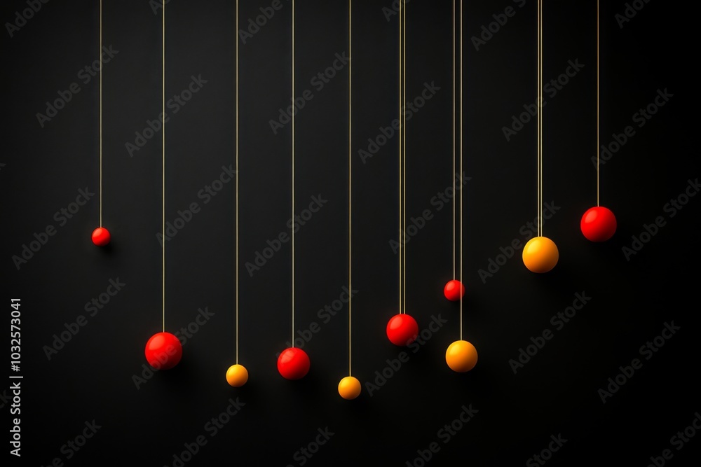 Poster series of red yellow and orange spheres hanging at varying heights from thin strings symbolizing bal