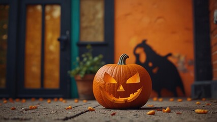 A vibrant orange background showcases a Jack-o'-Lantern pumpkin and a Halloween trick-or-treat bag, complemented by whimsical flying bats, perfect for urban exploration photography.