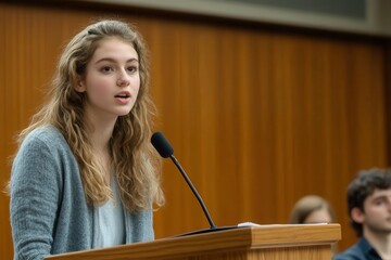Young woman delivering a speech at a podium in a formal setting.