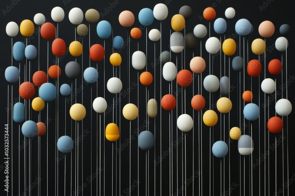 Poster abstract arrangement of small spheres in various neutral and pastel tones suspended on thin wires re