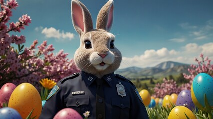 A whimsical 3D illustration of a playful bunny officer in a uniform, surrounded by colorful eggs and set against a vibrant spring background.