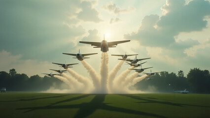 A Majestic Aerial Dance: A Fleet of Planes Flying Gracefully Through a Beautiful Park