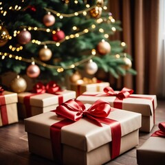 Festively wrapped gifts surrounded by colorful Christmas balls under a beautifully decorated spruce tree during the joyous New Year season. Generative AI