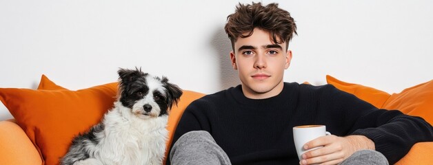 A young man enjoys coffee and relaxation on a sofa, while embracing a cozy atmosphere with his dog nearby