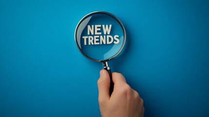 A magnifying glass with the word "NEW TRENDS" on a blue background, a hand holding the magnifying glass to emphasize the text, and a strong font.