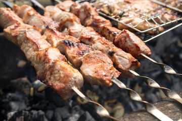 Close-up of juicy pork pieces grilling on skewers over an open flame, with golden sunlight illuminating the scene. Perfect for a spring outdoor barbecue and enjoying fresh, flavorful food