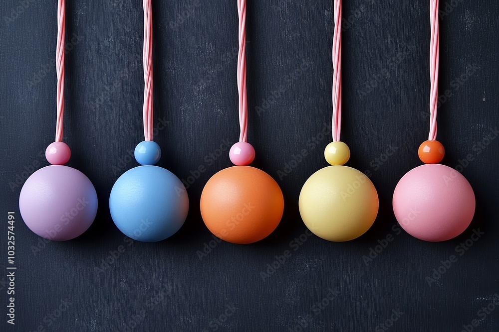 Poster set of pastel colored spheres with thin pink strings hanging from a dark background symbolizing simp
