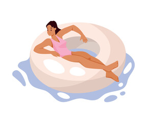 Woman Character on Inflatable Rubber Ring or Circle Vector Illustration