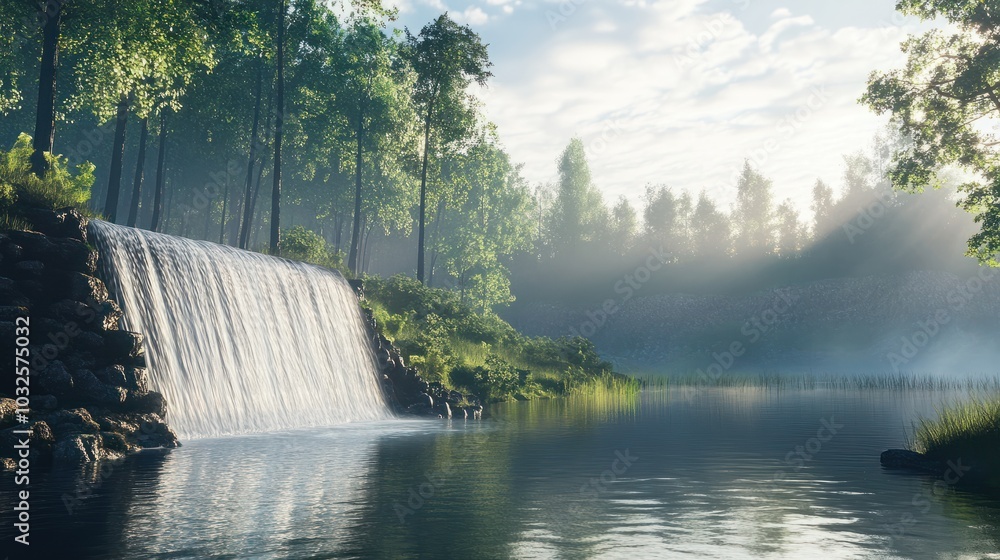 Poster a waterfall is flowing into a lake with trees in the background