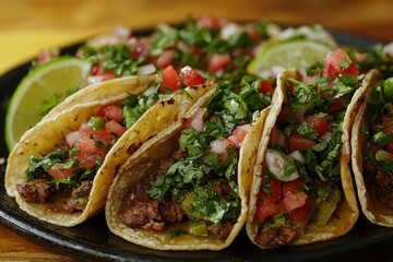 Close-up of Tacos with Cilantro, Onion, and Tomatoes