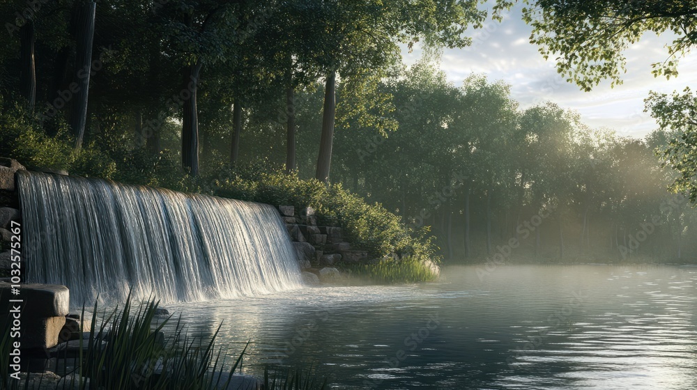 Poster a waterfall is flowing into a lake with trees in the background