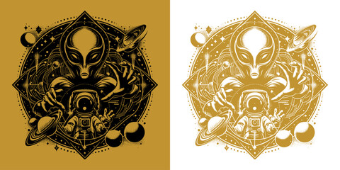 astronaut with and a scary alien and a planet design