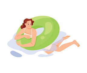 Woman Character on Inflatable Rubber Ring or Circle Vector Illustration