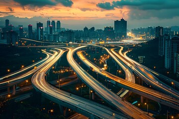 Obraz premium Stunning Urban Landscape at Dusk: A Network of Highways and City Lights
