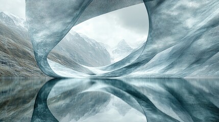 Serene landscape with a reflective ice structure.