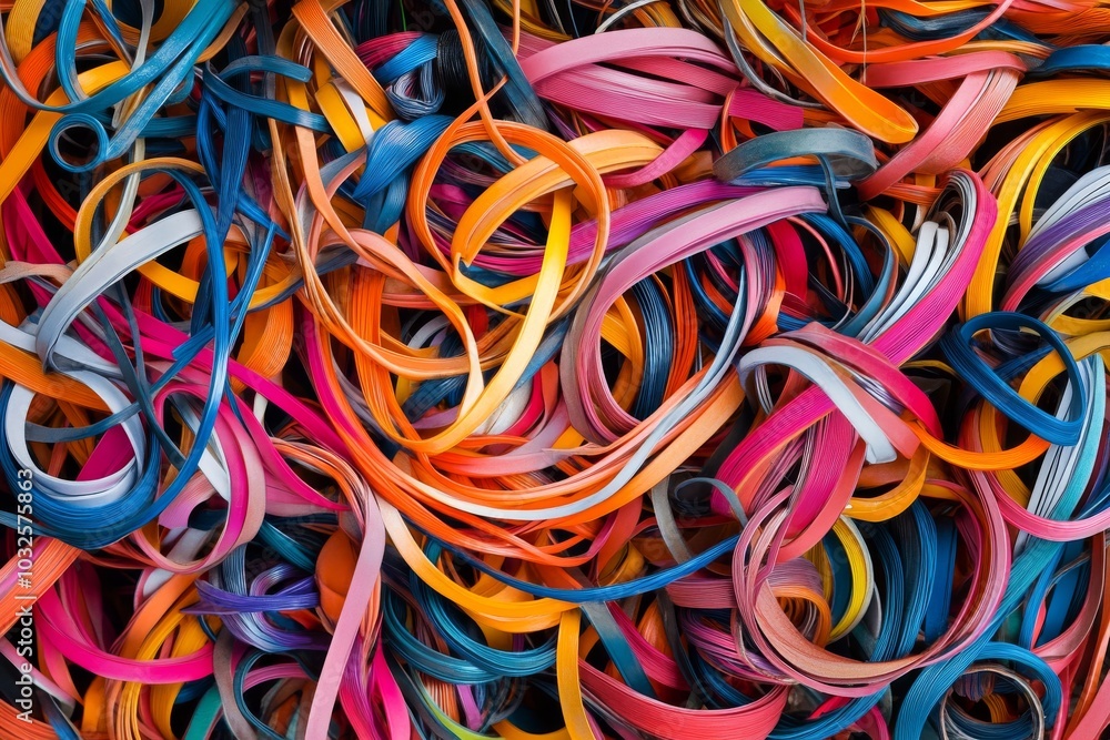 Poster series of bright multicolored rubber bands intertwined in a chaotic pattern symbolizing complexity c